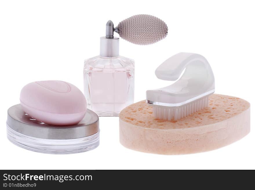 Toiletry, Soap with sponge, nailbrush and perfume against white background