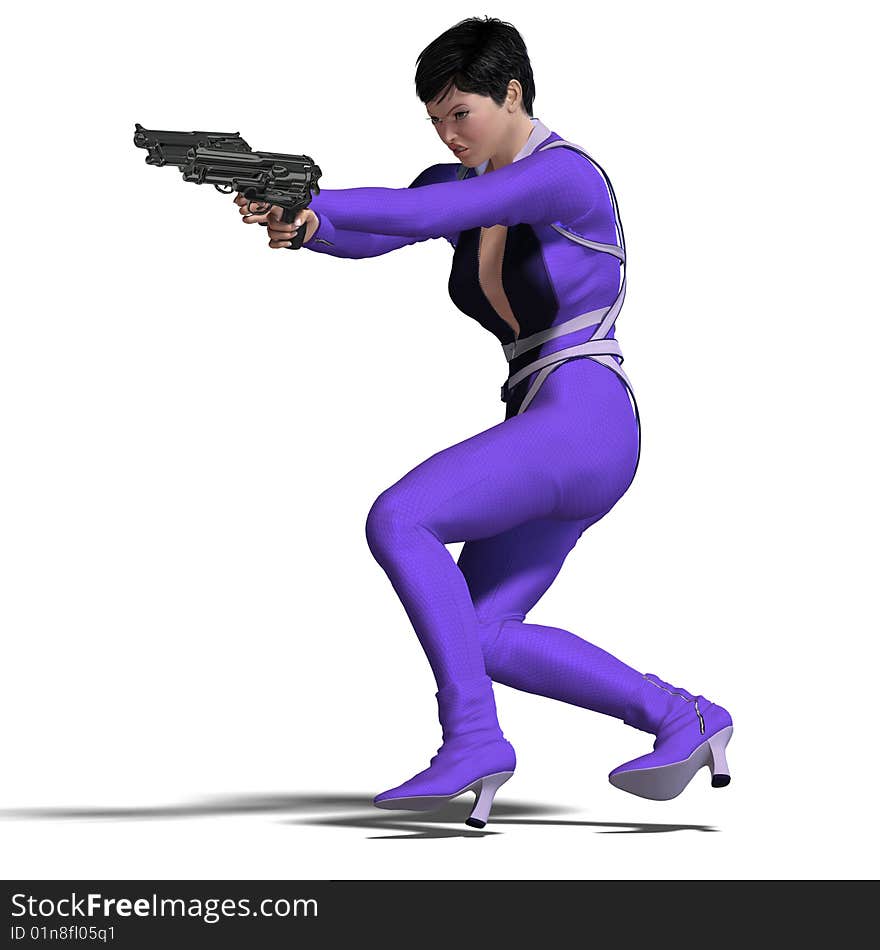 Rendering of Female Action Agent with guns contains Clipping Path. Rendering of Female Action Agent with guns contains Clipping Path