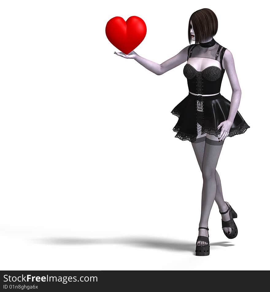 Young beautiful gothic girl woth heart in her hand With Clipping Path. Young beautiful gothic girl woth heart in her hand With Clipping Path