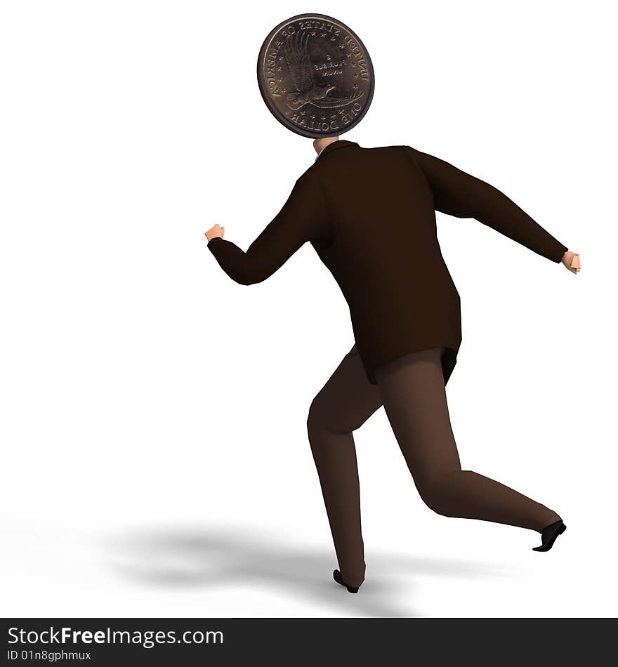 The man with a head as a dollar runs away with Clipping Path. The man with a head as a dollar runs away with Clipping Path