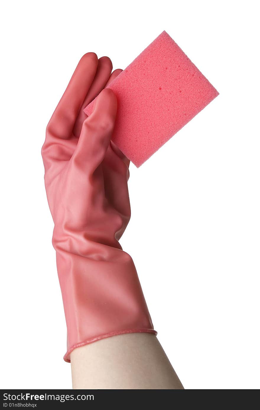 Woman hand in pink rubber glove holding a kitchen sponge isolated on white background. Woman hand in pink rubber glove holding a kitchen sponge isolated on white background