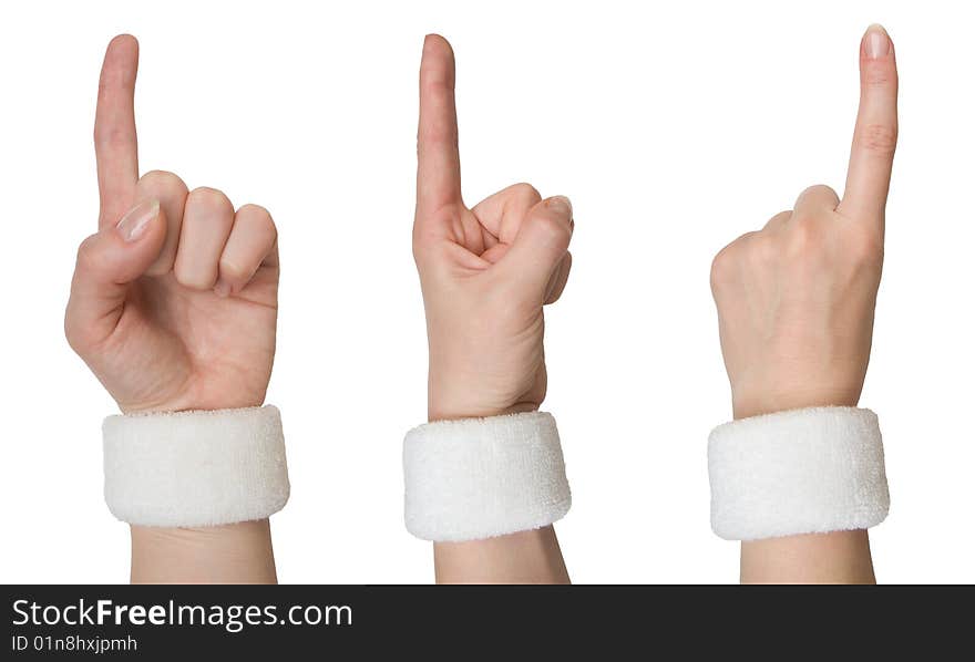 Woman hand in a white wristlet showing one from three sides isolated on white background (set). Woman hand in a white wristlet showing one from three sides isolated on white background (set)