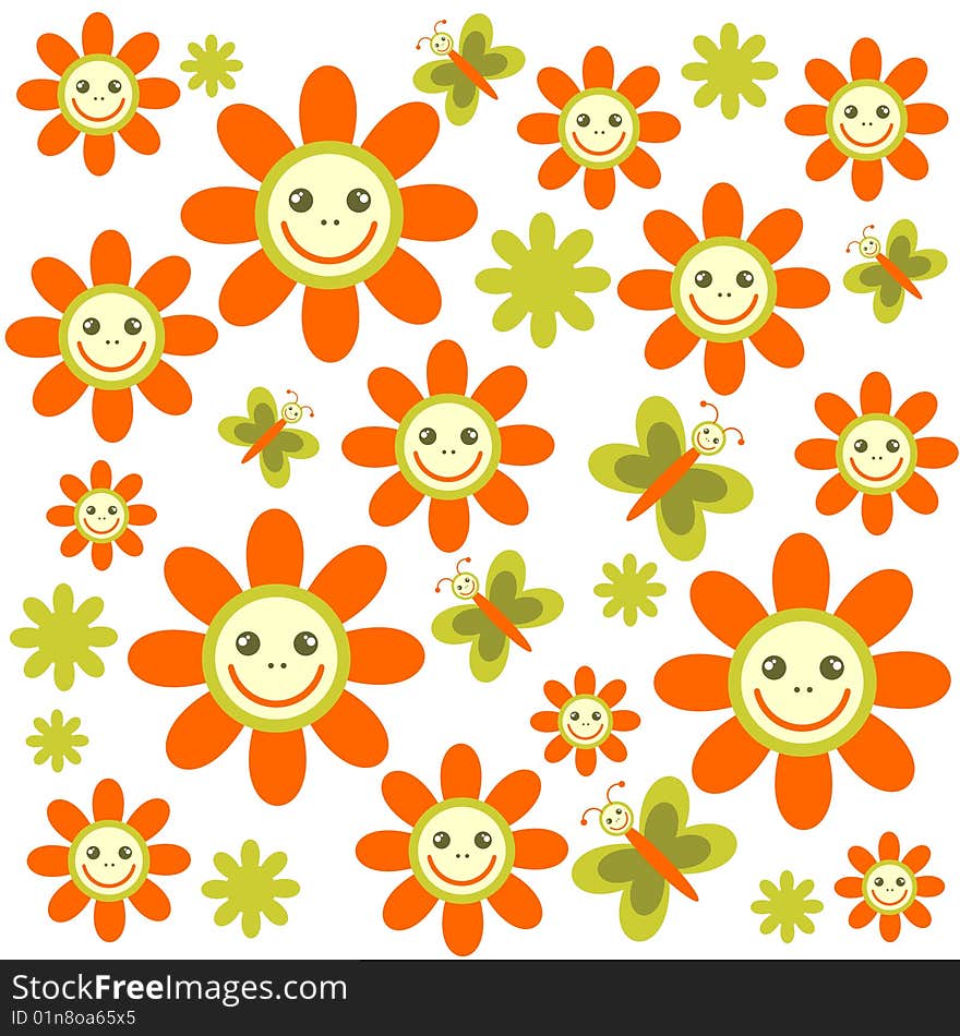 Pattern with cartoon orange flowers on a white background. Pattern with cartoon orange flowers on a white background.