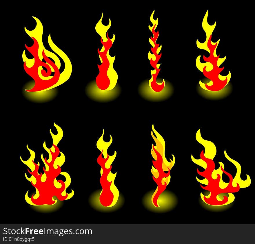 8 flames of fire on a black background