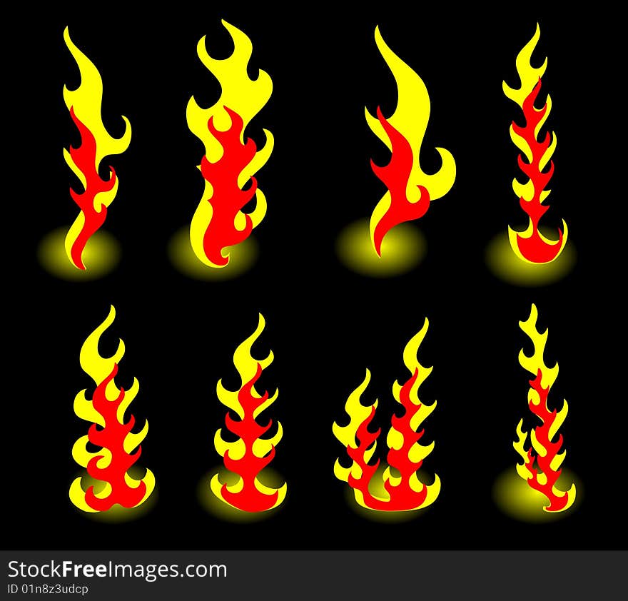 8 flames of fire on a black background