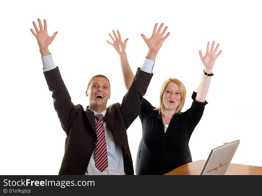 Businessman and businesswoman cheering in office. Businessman and businesswoman cheering in office