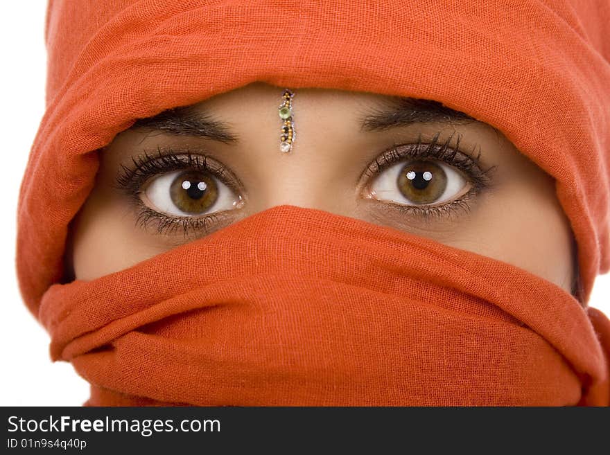 Woman on ethnic scarf white isolate