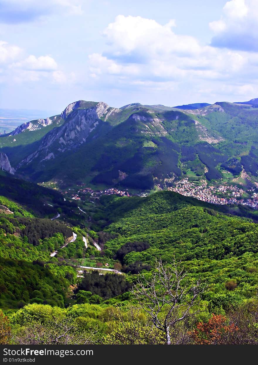 Green hills in the mountain and small village