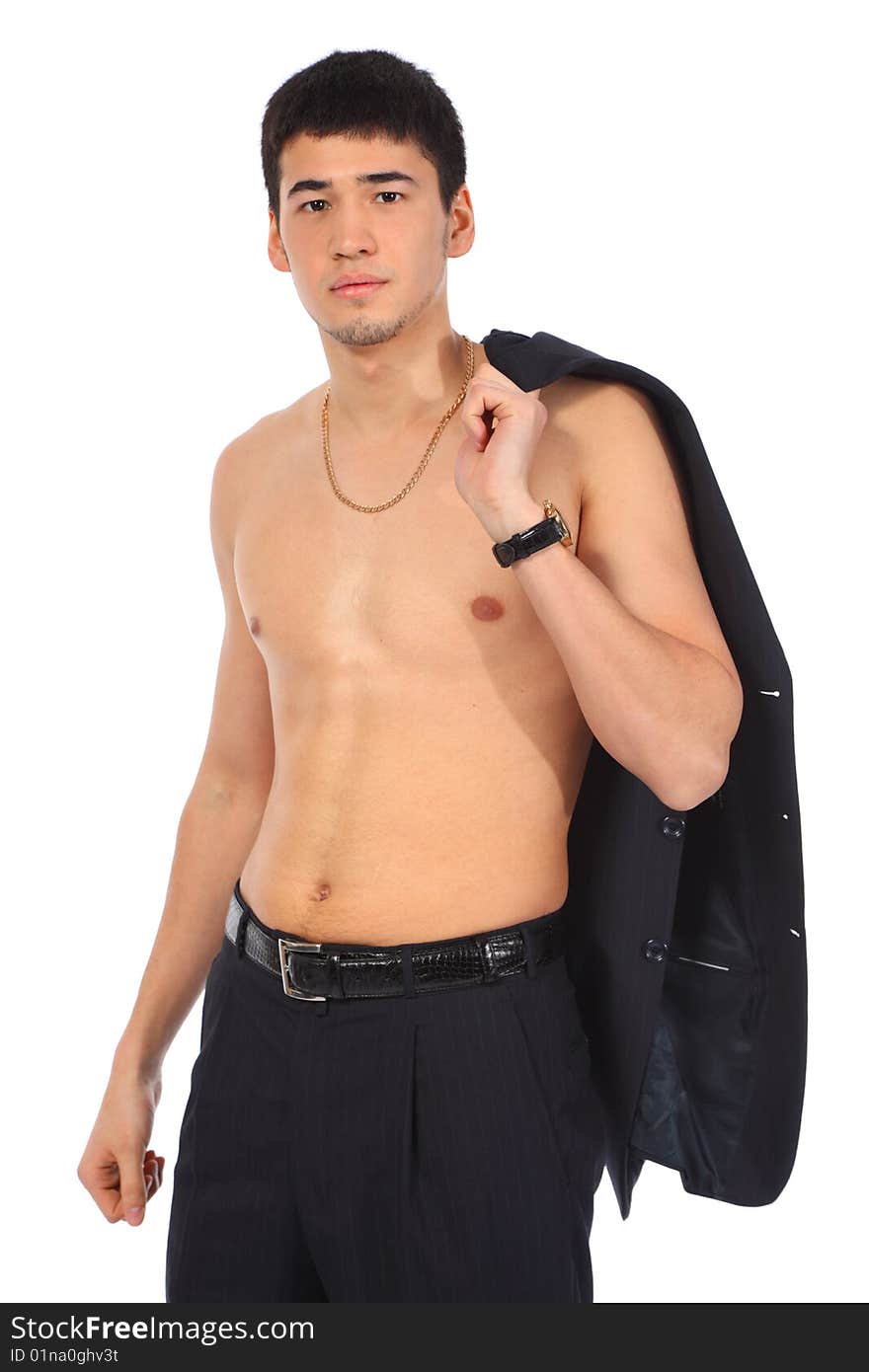 Young topless asian man with coat on shoulder on white