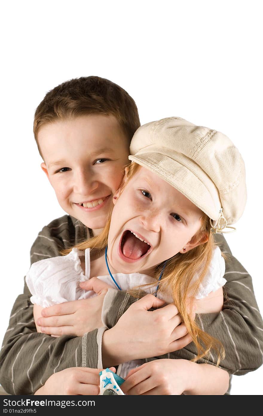 Happy smiling child couple; sister and brother. Happy smiling child couple; sister and brother