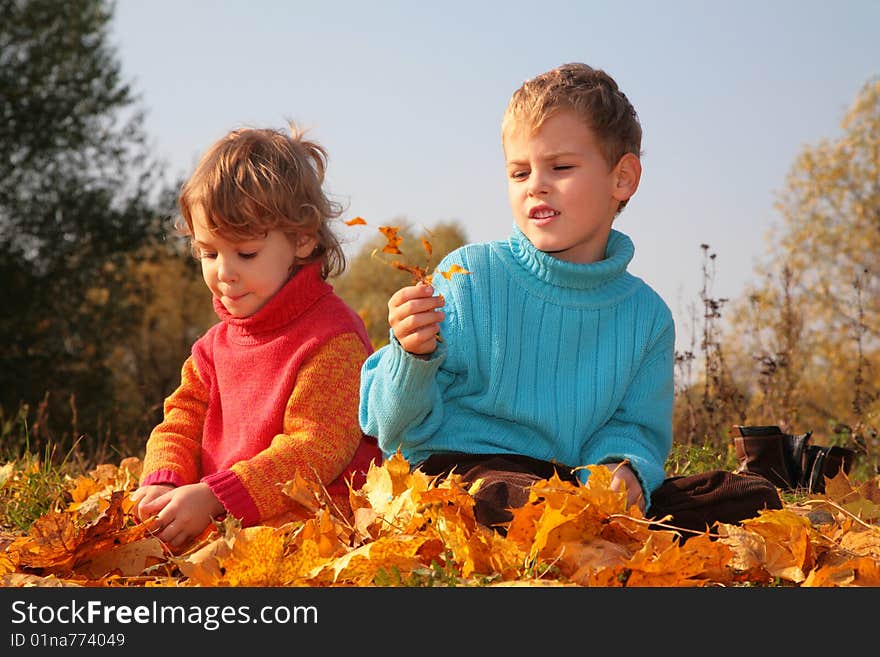 Children Sit On Fallen Maple Leaves