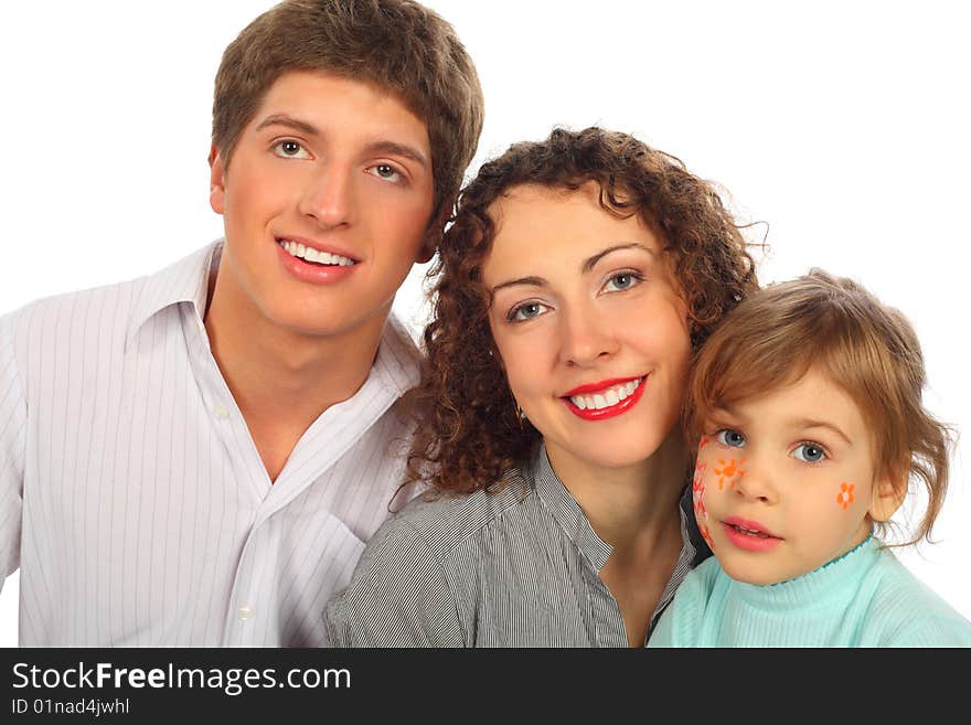 Family of three looking up, drawings on child face on white. Family of three looking up, drawings on child face on white