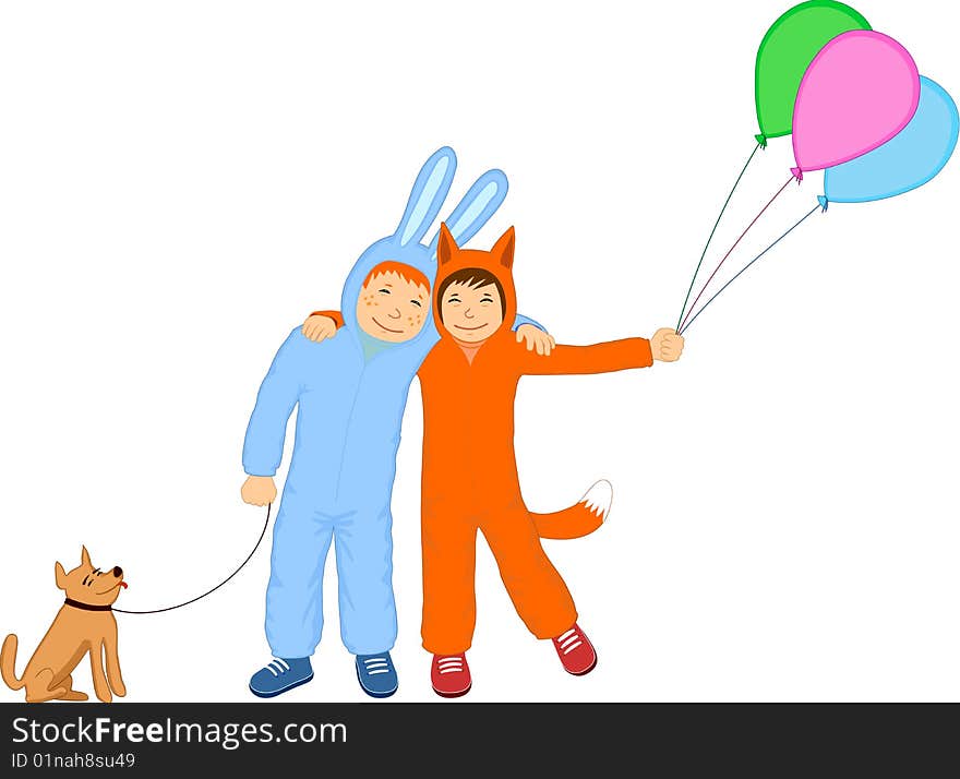 Two boys, balloons and a small dog. Two boys, balloons and a small dog