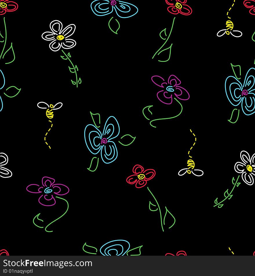 Hand-drawn seamless flower pattern on black, tiles seamlessly.