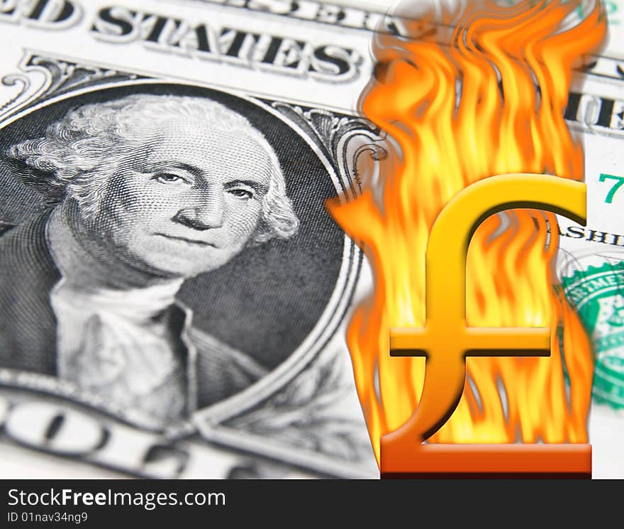 Flame effect  applied to pound currency symbol over US dollar. Flame effect  applied to pound currency symbol over US dollar