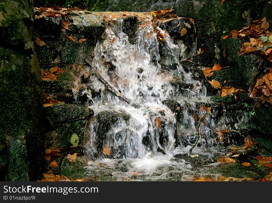 Waterfall in stream with autumn leaves