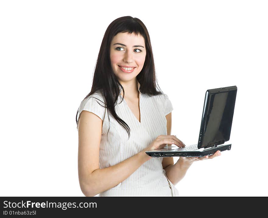 Young woman with laptop. Isolated on white background