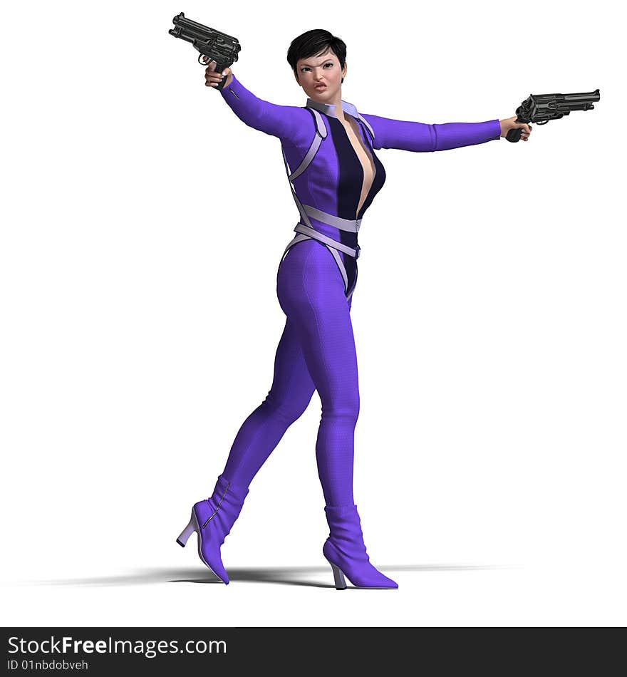 Rendering of Female Action Agent with guns contains Clipping Path. Rendering of Female Action Agent with guns contains Clipping Path