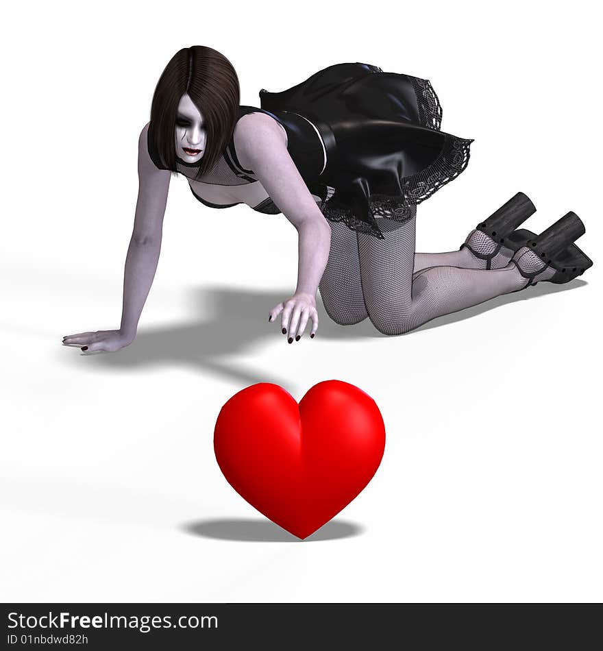 Gothic lady with red heart and Clipping Path over white. Gothic lady with red heart and Clipping Path over white