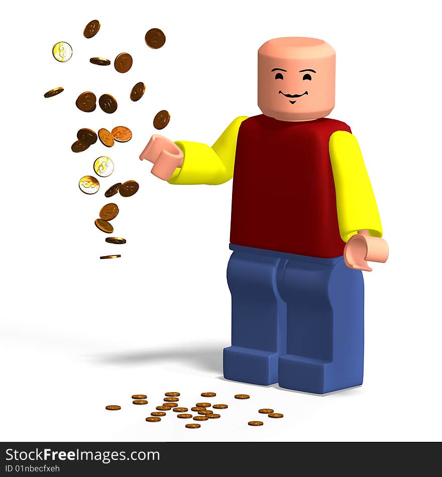 Avatar Toy Boy throws with coins. With Clipping Path over white. Avatar Toy Boy throws with coins. With Clipping Path over white