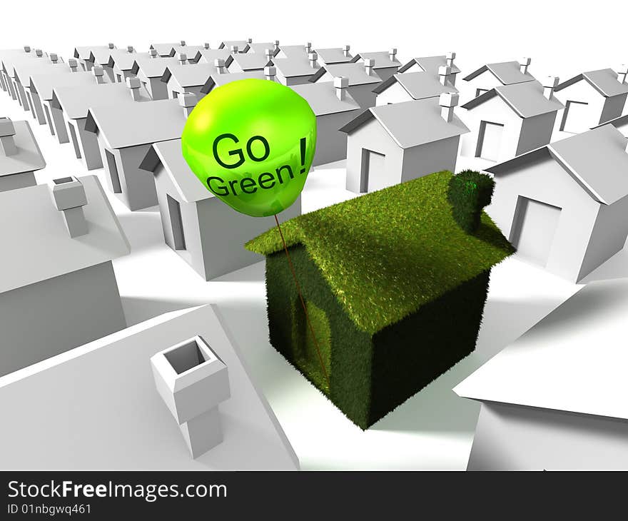 Model and render in 3d application, green house with ballon. Model and render in 3d application, green house with ballon