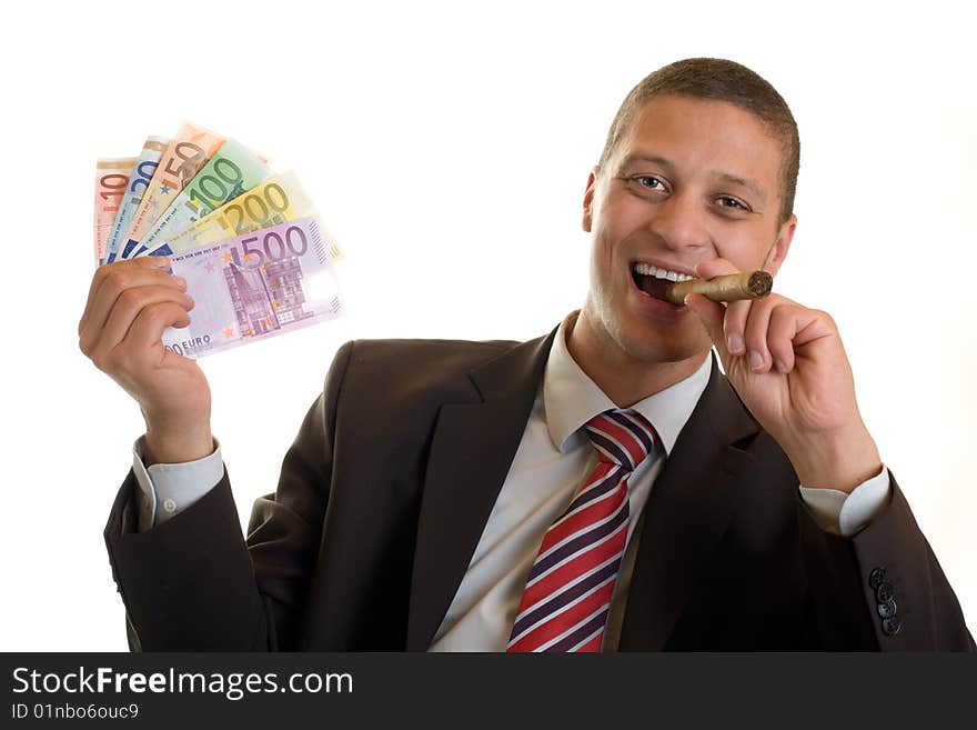 Businessman holding cigar and euro banknotes in hands. Businessman holding cigar and euro banknotes in hands