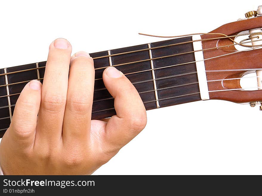 Hand playing Guitar on white background. Music image