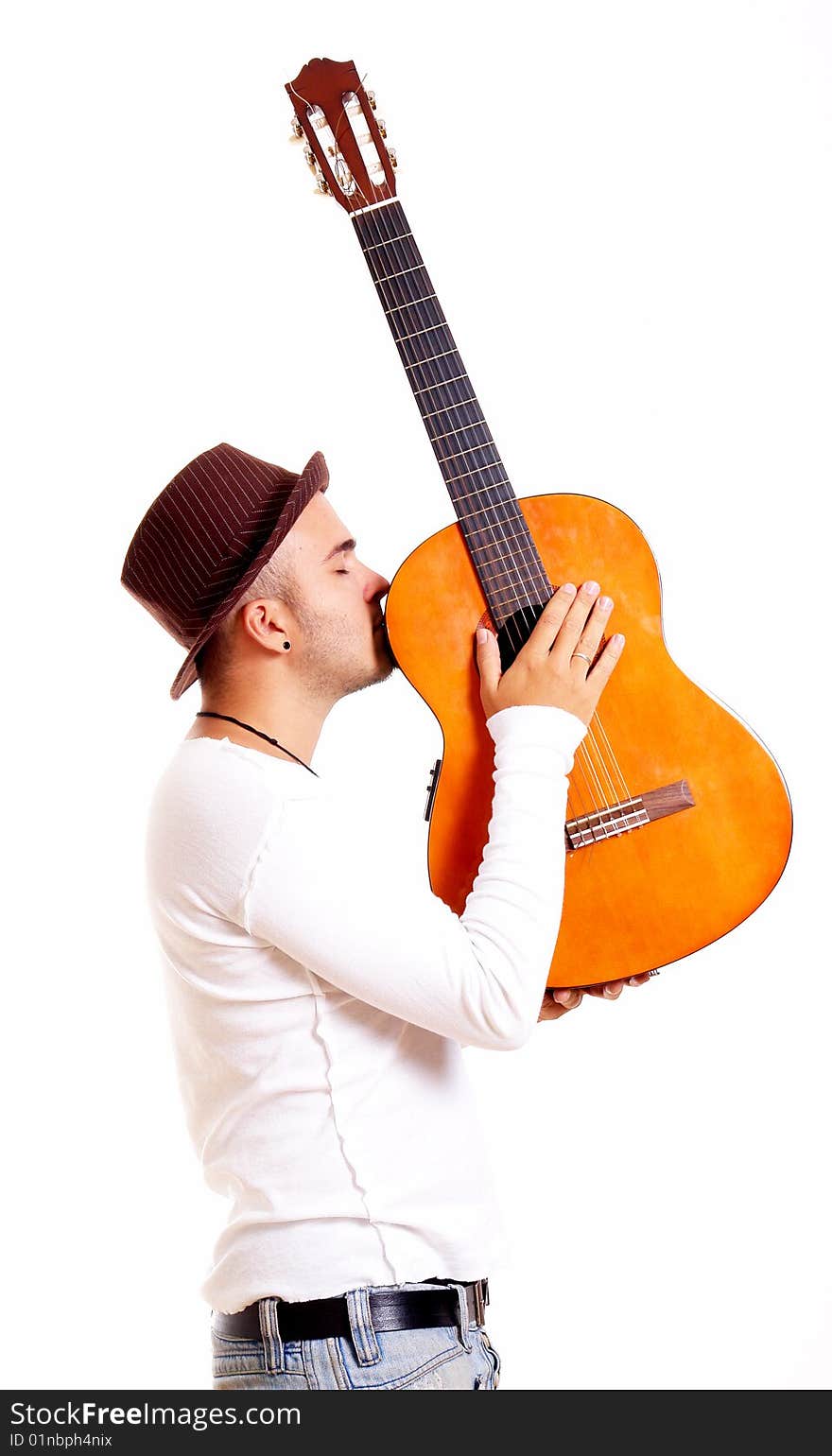 Man with guitar on white background. Isolated image