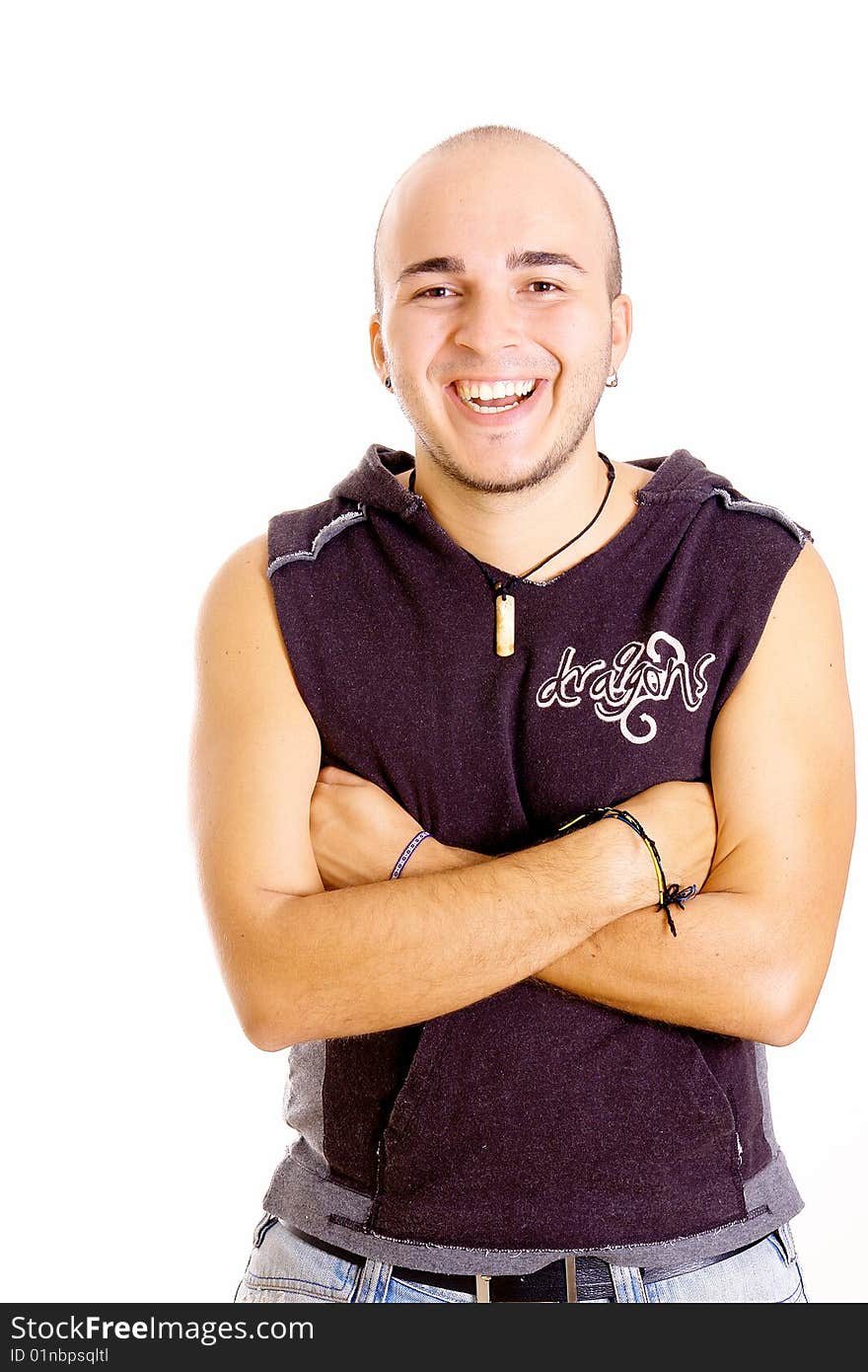 Young man looking at camera on white background