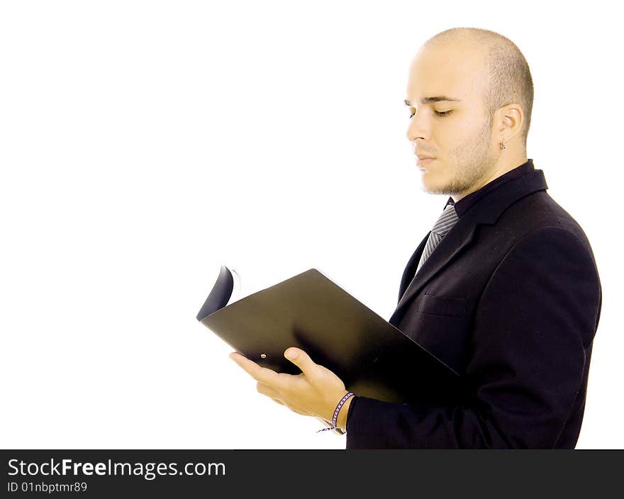 Business man reading document on white background. Business man reading document on white background