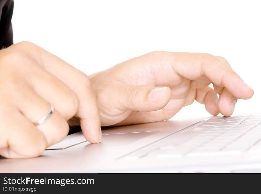 Hands on keyboard on white background. Isolated image