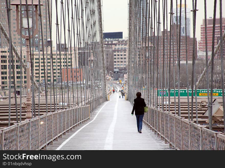 Walk way on brooklyn bridge with pedestrian