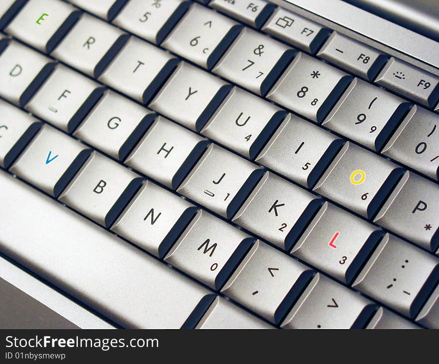 Laptop keyboard at close-up,with four different color on letters. Laptop keyboard at close-up,with four different color on letters.