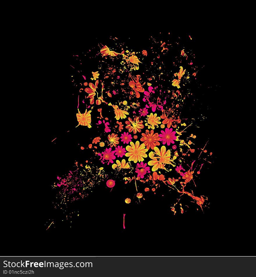Abstract black and brightly colored floral ink splat design. Abstract black and brightly colored floral ink splat design