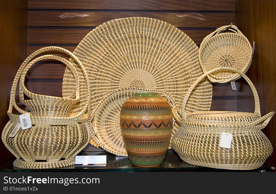 Collection of decorative straw baskets