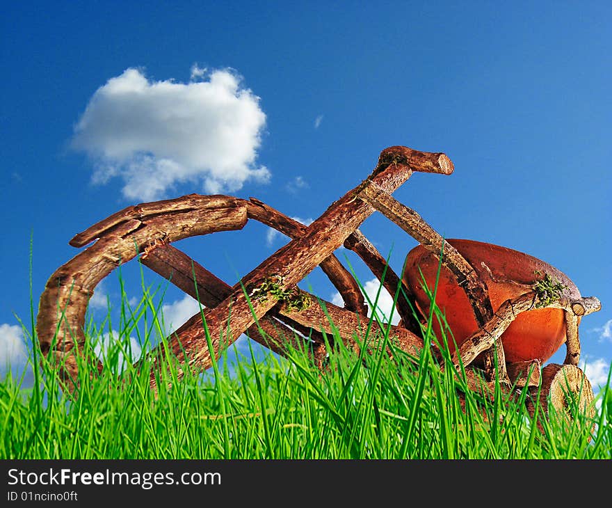 Wood bike on grass