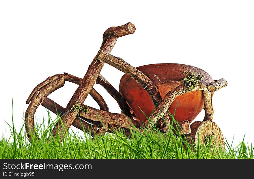 Wood bike,green grass in front