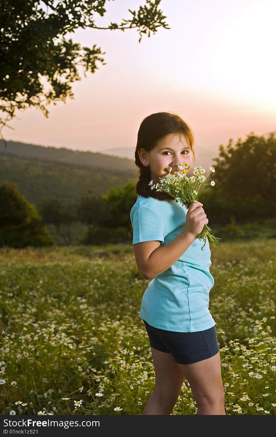 Girl holding bouquet of white flowers in a field at sunset. Girl holding bouquet of white flowers in a field at sunset