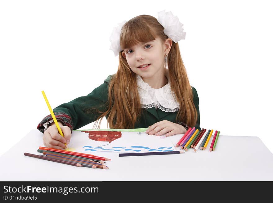 Girl is painting her family in bright colours. Schoolgirl is drawing in pencil. Isolated over white background. Girl is painting her family in bright colours. Schoolgirl is drawing in pencil. Isolated over white background.