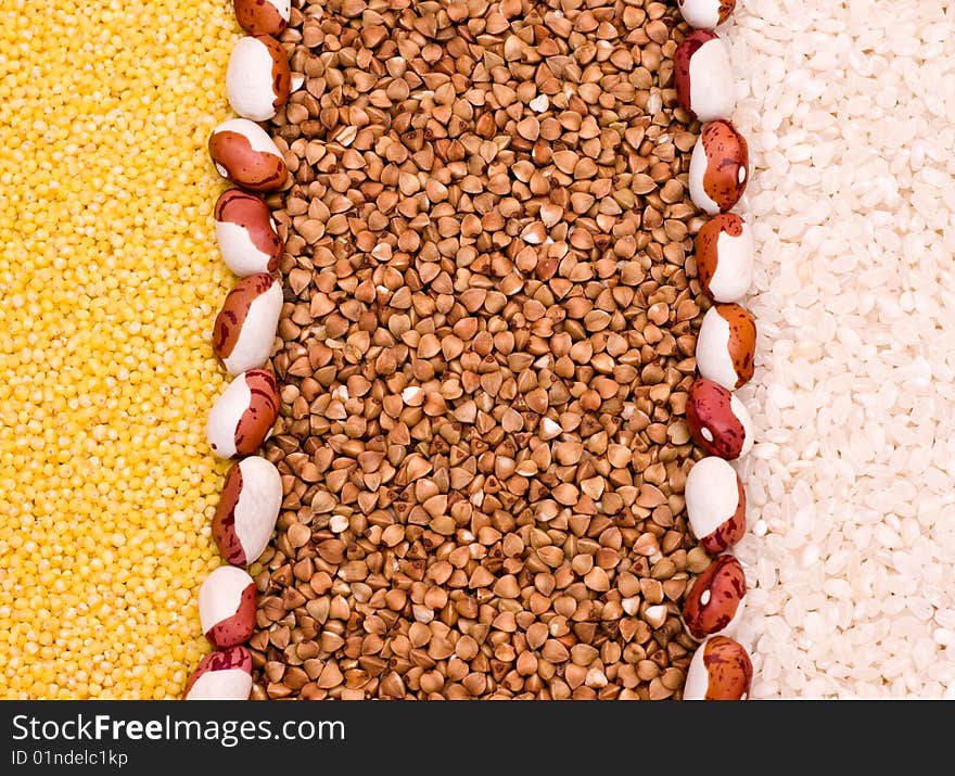 Millet, buckwheat, rice background - close-up, cooking ingredients