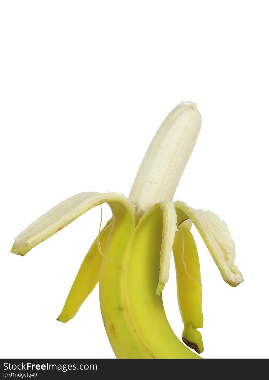 Peeled banana on white background