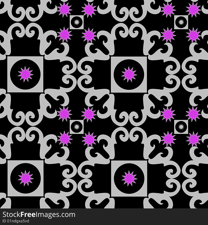 Seamless black ornament pattern with violet stars. Seamless black ornament pattern with violet stars