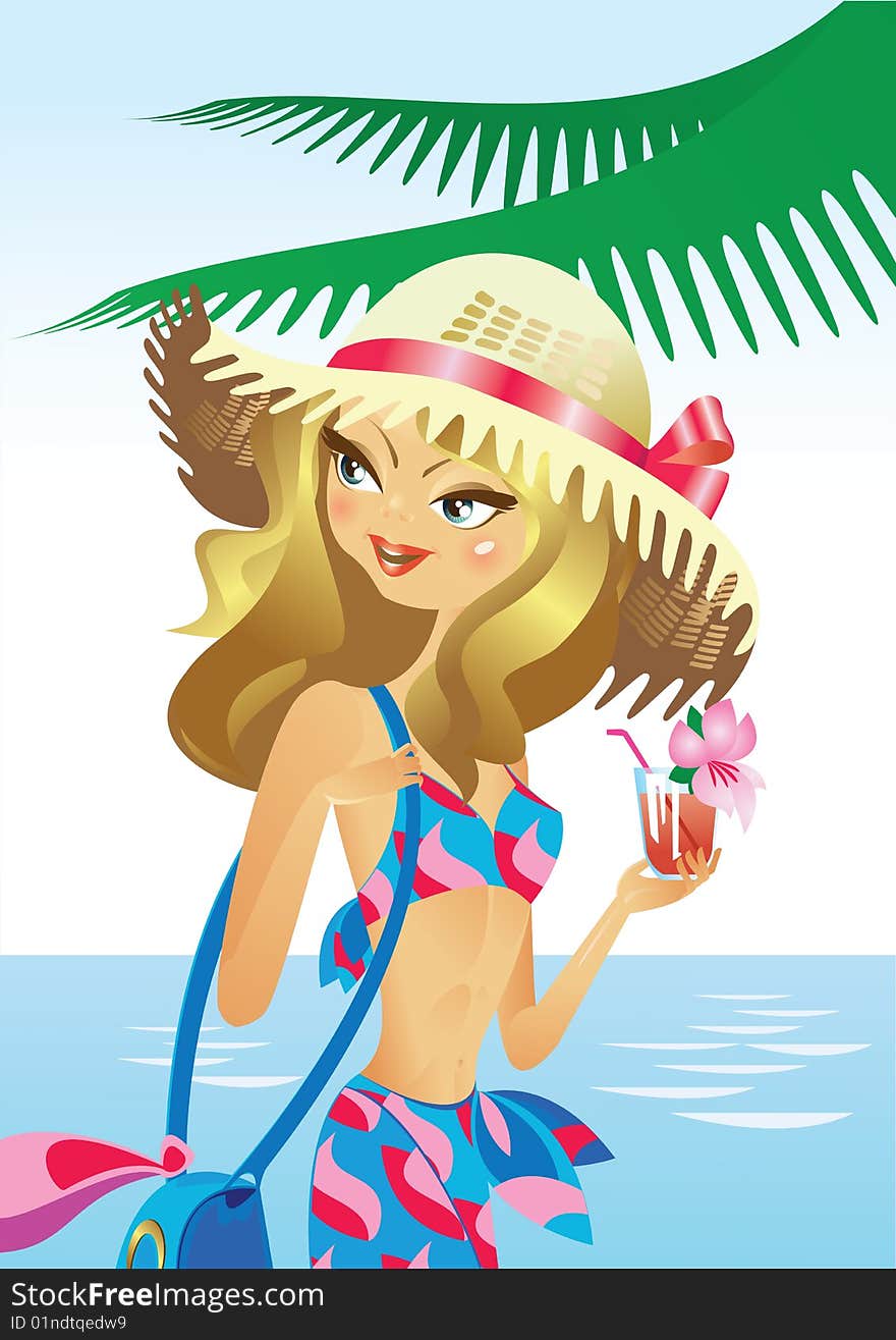 This is the girl in a straw hat with a cocktail in her hand on a tropical beach