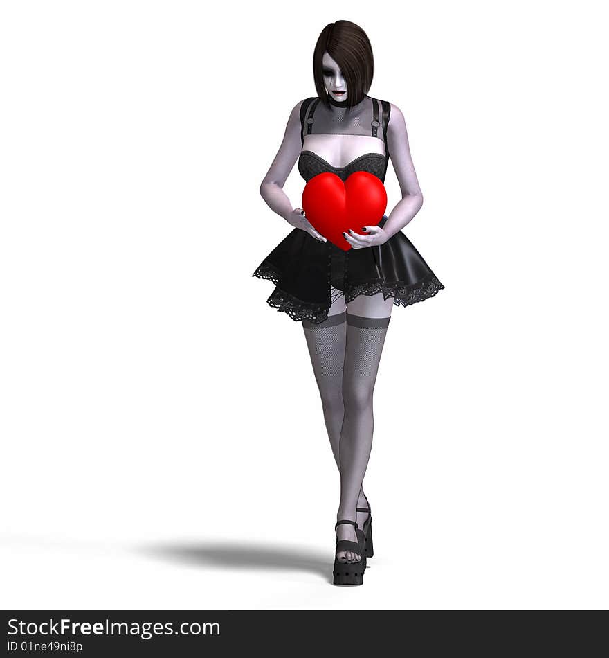 Gothic lady with red heart and Clipping Path over white. Gothic lady with red heart and Clipping Path over white