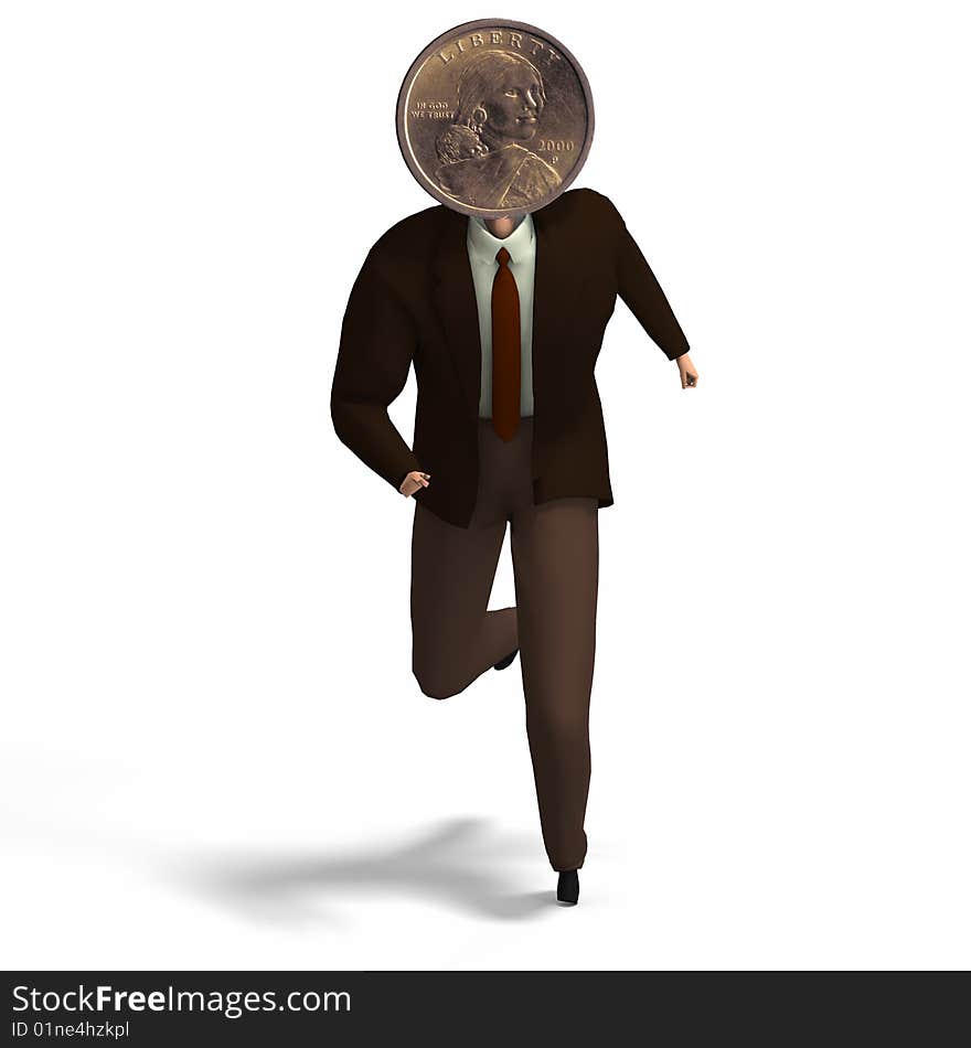 Man with dollar head is running towards us with Clipping Path. Man with dollar head is running towards us with Clipping Path