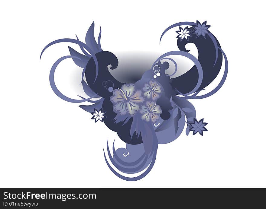 Vector illustration of Decorative elements with hibiscus against stylized waves. Vector illustration of Decorative elements with hibiscus against stylized waves.