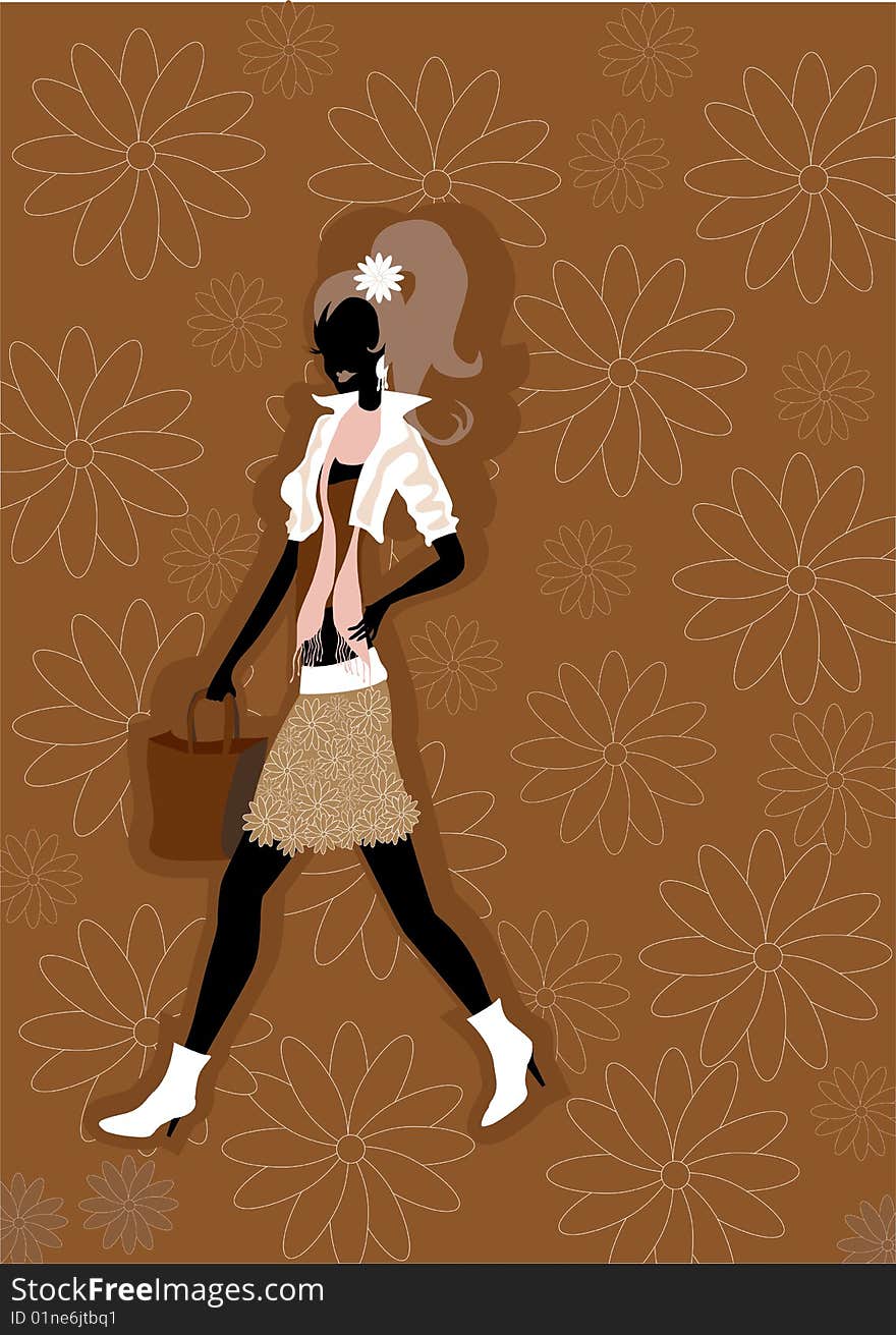 Vector illustration of walking young woman silhouette on the funky floral background.