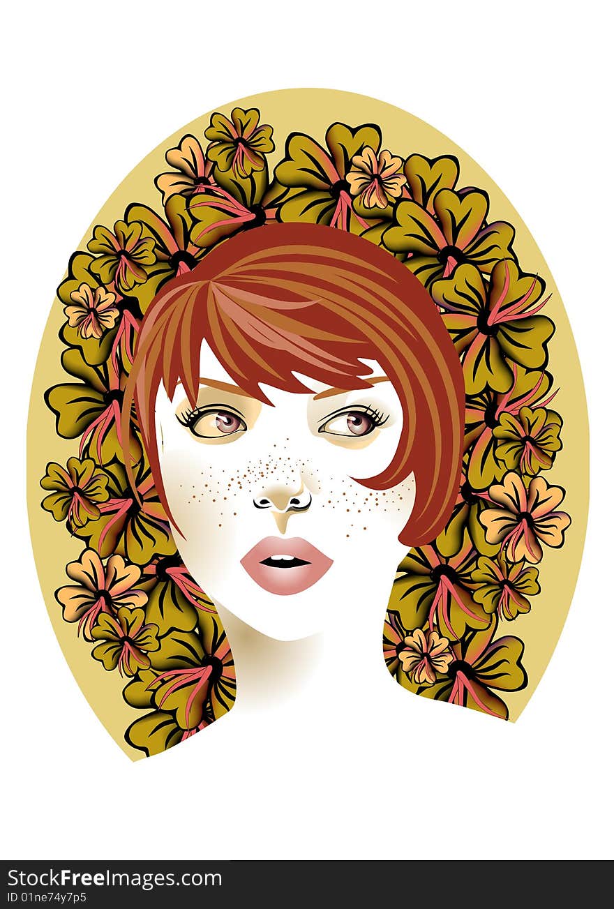 Vector illustration of funky, redhead, cool, young woman on the flower background.