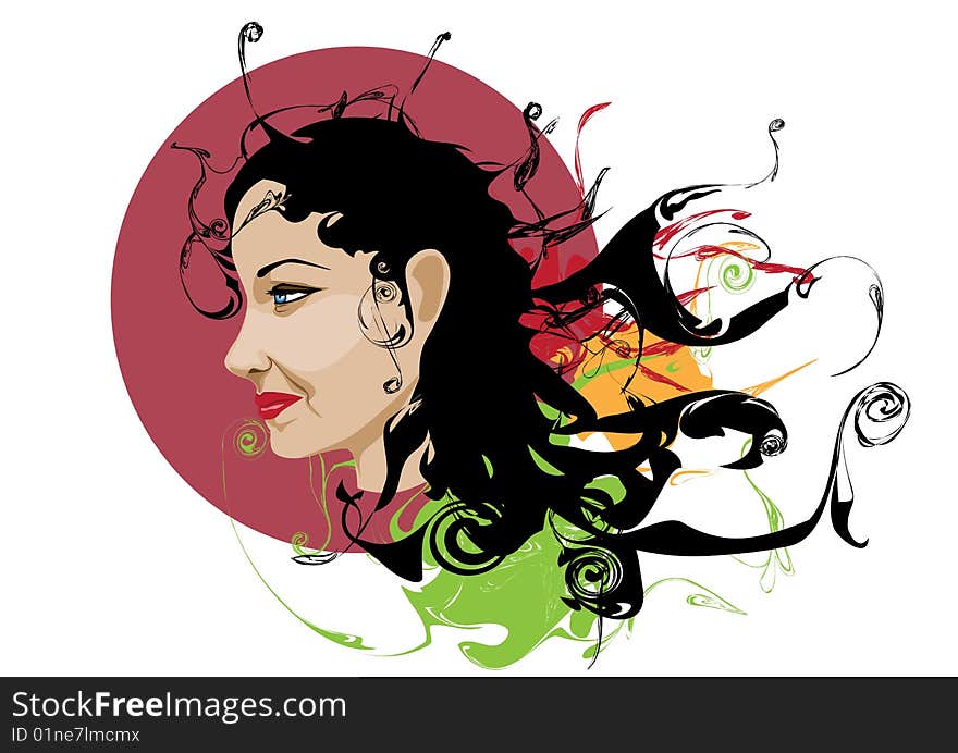 Vector illustration of woman portrait with stylized scrolls and others grunge swirl elements. Vector illustration of woman portrait with stylized scrolls and others grunge swirl elements