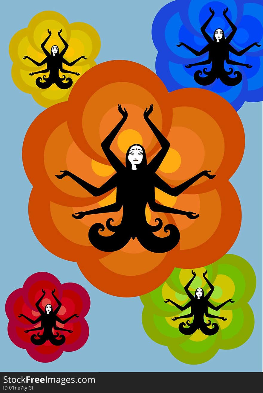 Vector illustration of stylized fairy Indian woman , seatting in lotus pose on the sunny, flower background